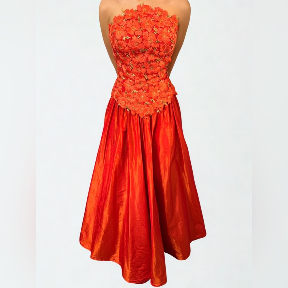 Patricia Rhodes Red Floral Lace Trim Dress